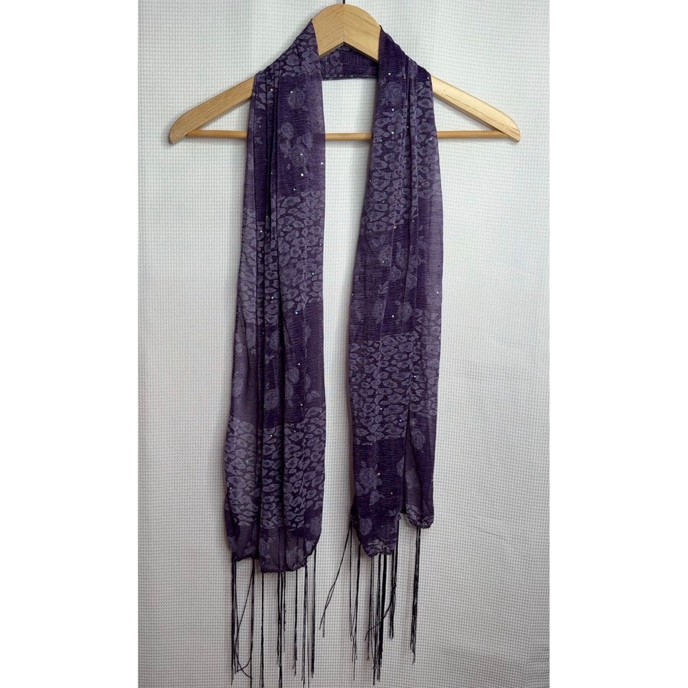 Purple Sheer Burnout Leopard Floral Rhinestone Fringe Scarf Womens Accessory